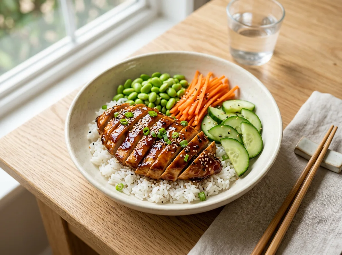 A teriyaki chicken power bowl with rice, edamame, carrots, cucumber and sesame seeds